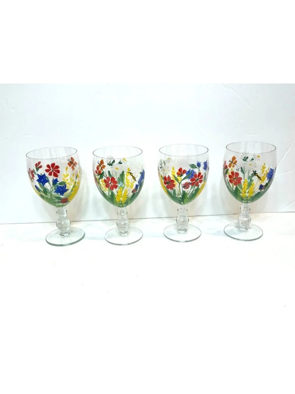 Vintage Floral Royal Danube Water Goblets Romania Set Of 4 Hand-Painted Glasses